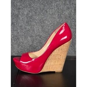 Jessica Simpson Red Patent Leather Cork Platform Wedge Peep Toe Heels 8.5M Sexy